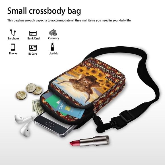 Boho Sunflower Cow Cell Phone Purse Wallet Canvas Small Crossbody Purse Bags c: - Picture 7 of 7